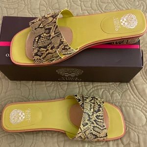 Green Snake print flat sandals. I’m only selling these because they’re wide.